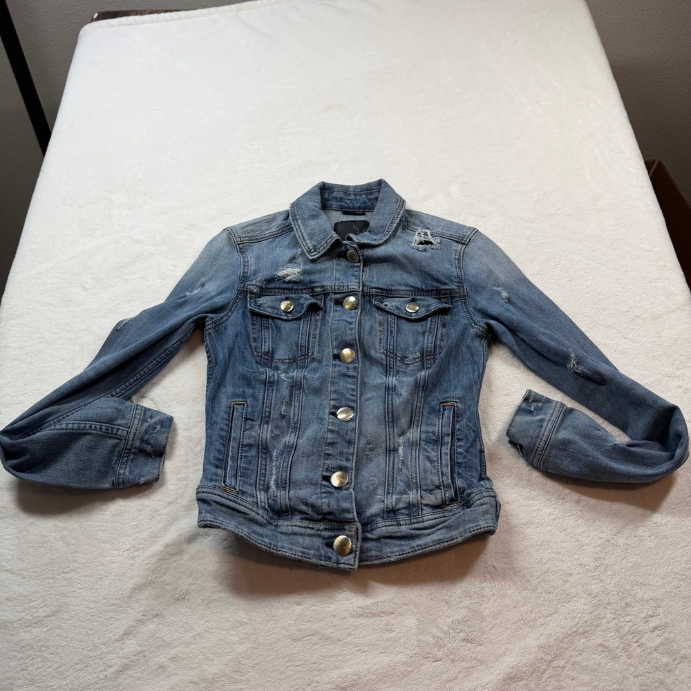 American Eagle Denim Jacket Womens Small Blue Good Distressed Super Stretch